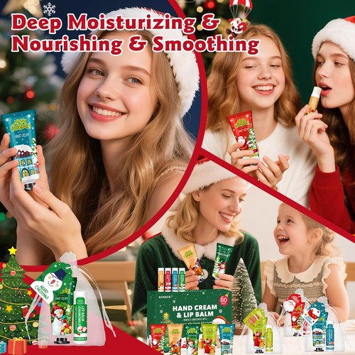 KONEUK 60 Pack Christmas Hand Cream and Lip Balm Set, Stocking Stuffers for Women, Bulk Hand Lotion for Christmas Gifts, Christmas Party Favors, Party Supplies and Christmas Decorations