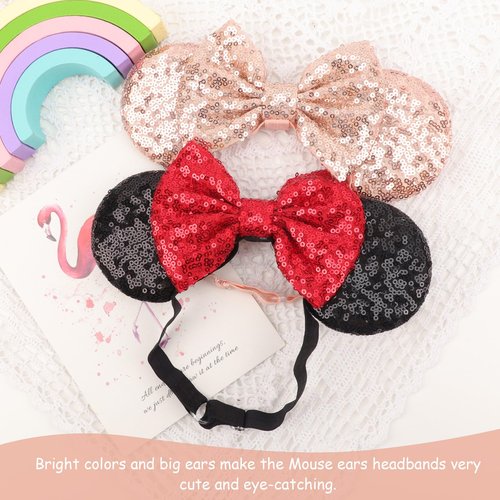 DRESHOW Minnie Ears Headbands Mouse Ears Sequin Bow Headbands Elastic Adjustable Headband Glitter Party Decoration Cosplay Costume for Women