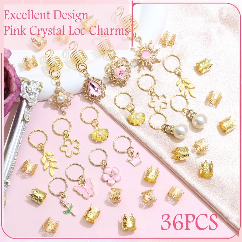 VENOFEN 36PCS Pink Crystal Hair Jewelry Butterfly Braids Clips Flower Loc Jewelry Pearl Hair Charms Gold Hair Cuffs Rings Valentine's Day Braids Accessories for Women and Girls
