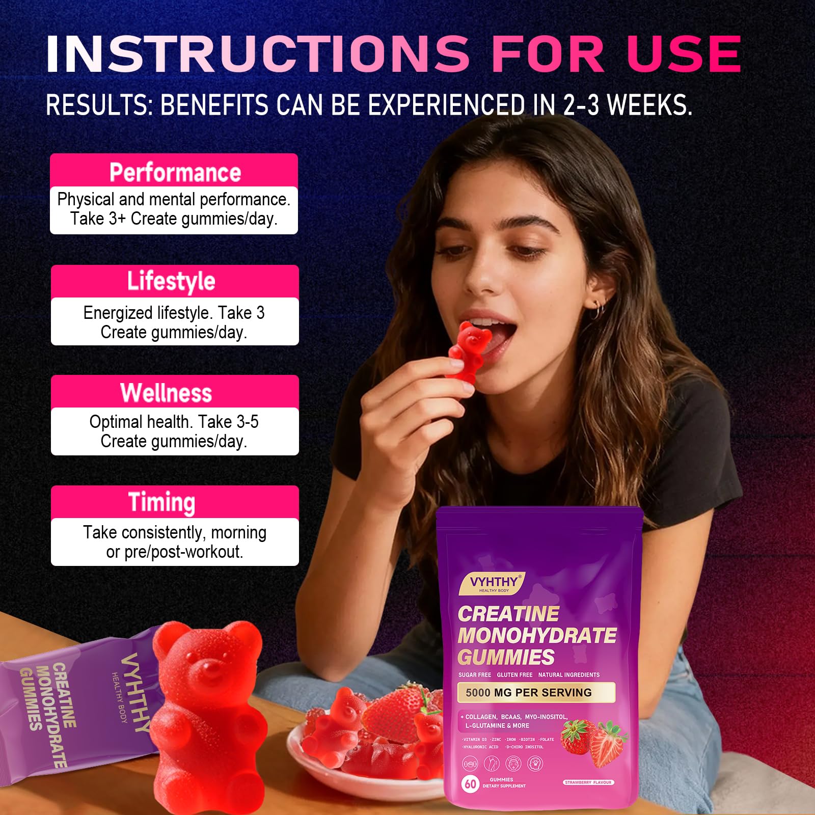 VYHTHY Creatine Monohydrate Gummies – with Collagen, BCAAs, L-Glutamine, Biotin, Zinc, Vitamin D3 & Hyaluronic Acid – Daily Pre & Post Workout Recovery, Sugar-Free (60 Gummies)