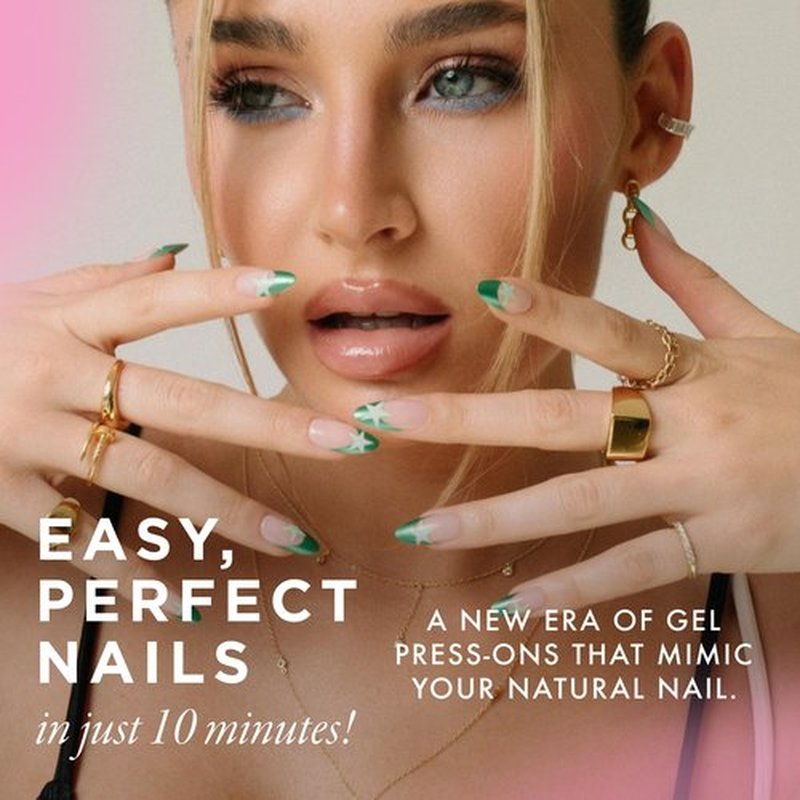 Lost Angels Gel Press On Nails - I Don’t Care - Green Metallic French Tip with Nail Art - Star Press On Nails Almond Medium Length - Easy Kit with Glue & Adhesive Tab - 30 Count, 15 Sizes