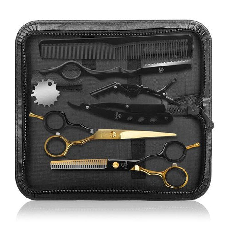 Ethyxe Hair Cutting Scissors Kit - 9 PCS Professional Haircut Scissors Set with Stainless Steel Straight and Thinning Shears for Home, Salon, and Barber Use (Black & Gold)