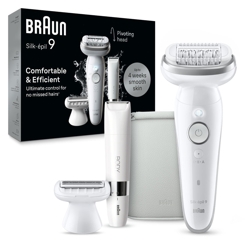 Braun Silk-épil 9 Epilator, Pivoting Head, Wet and Dry, Includes Body Trimmer, Shaver Head and Trimmer Comb, SES9-441
