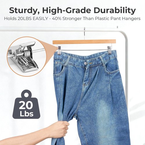 HOUSE DAY Premium Wooden Pants Hangers - 25 Pack Solid Lotus Wood with Adjustable Clips | Heavy Duty Anti-Slip Design (Natural)