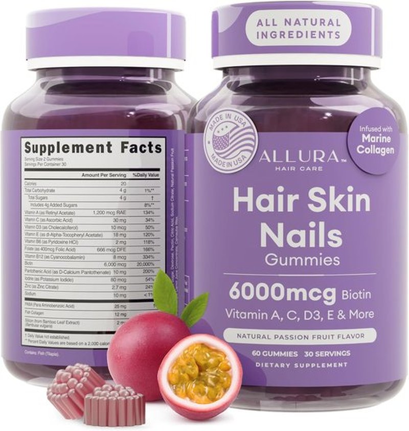 Skiennix Hair Skin and Nails Vitamins - Extra Strength 6000mcg Biotin Gummies with Marine Collagen | 60ct Passion Fruit for Healthy Hair, Skin & Nails