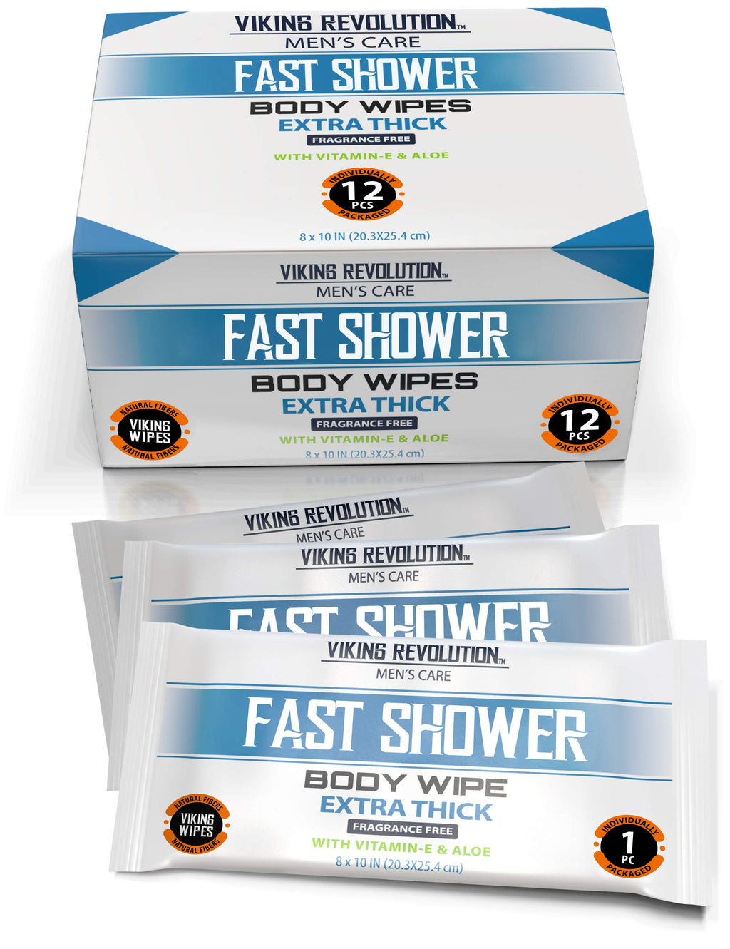 Viking Revolution Body Wipes for Men - Gym Wipes, Shower Wipes - Disposable and Eco-Friendly - Unscented Wet Wipes with Vitamin E and Aloe - 12 Individually Wrapped Wipes