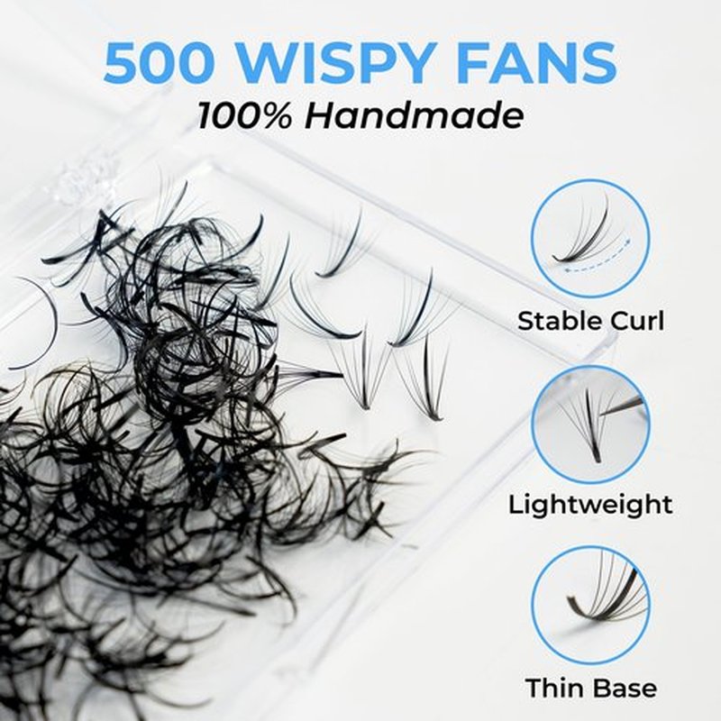 TEGAN LASH 500 Wispy Premade Fans Eyelash Extensions, Handmade Volume Lashes, From 5D-9D, 0.05/0.07 Thickness, C/CC/D Curl, 9-15mm Length, Thin Base, Soft, Long-Lasting, Easy to Apply (5D-0.07-CC-13)