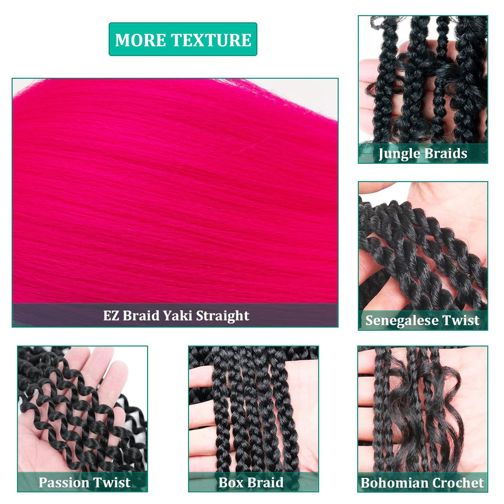 UPruyo Hot Pink Braiding Hair Pre Stretched Colored Hair Extensions Prestretched Braiding Hair Neon Pink Knotless Yaki Texture Synthetic Hair for Micro Box Braids (26 Inch Folded 3 Packs)