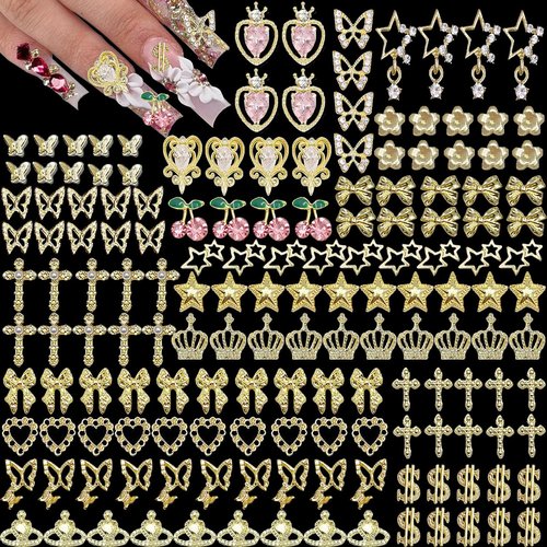 KACHIMOO 160pcs Gold Nail Charms 3D Butterfly Cherry Heart Cross Bow Star Dollar Flower Crown Nail Gems and Charms Nail Rhinestone for Women Nail Art Design(19 Styles)