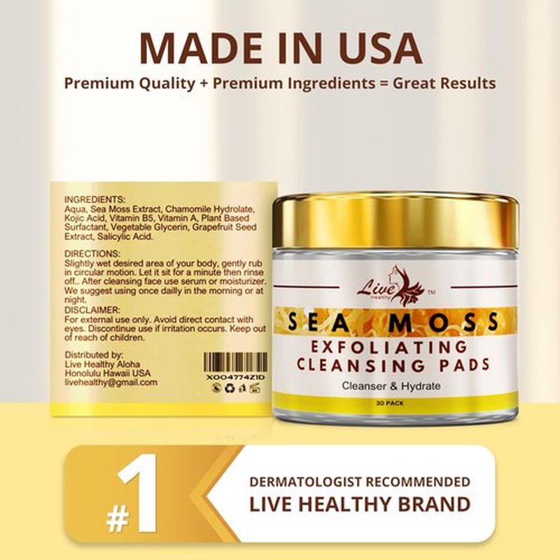 Live Healthy The Original Kojic Acid & Sea Moss Cleansing Pads - Natural, Face Cleanser, with Vitamin E, Glycolic Acid & Hyaluronic Acid - Clears Acne, Face Peel Toner Pads - Made in USA | 30 Pack