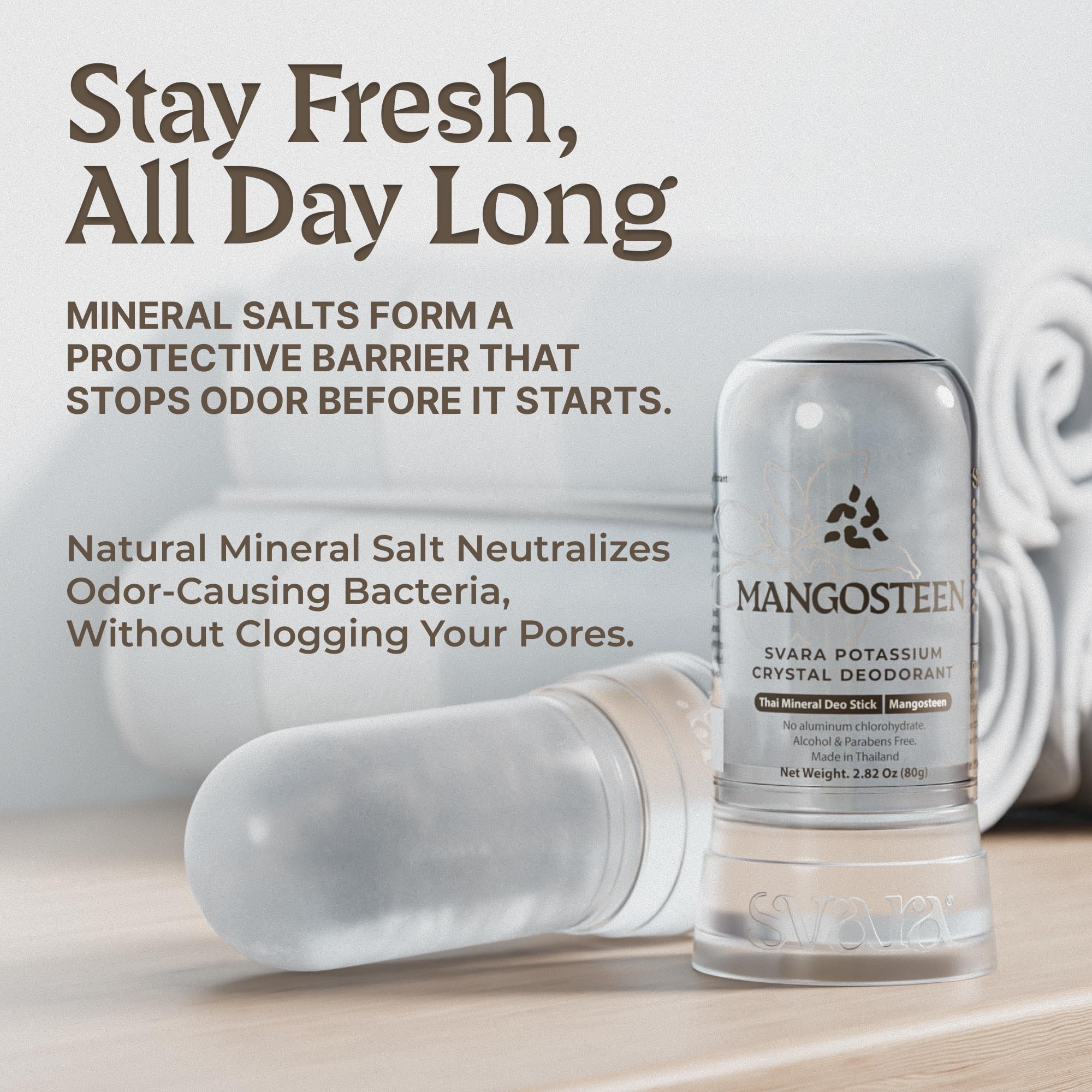 SVARA Natural Alum Crystal Deodorant Stick for Women & Men – Potassium Alum Stone for Odor Control, Smooth Non-Sticky Mineral Rock Design for Daily Freshness & Easy Application – Mangosteen (2.82Oz)