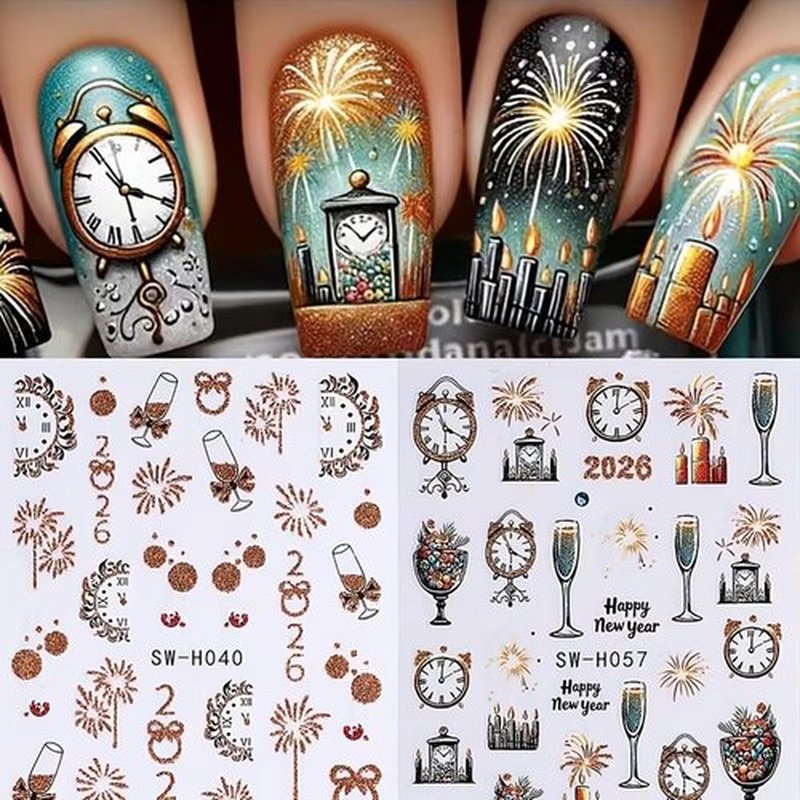 6Pcs Christmas Nail Art Stickers Decals 2026 New Year Fireworks Clock Nail Design Stickers Winter Xmas Nail Art Supplies 3D Self Adhesive Glitter Nail Decals Holiday Manicure Accessories for Women