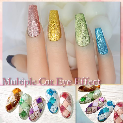 AHAMIOU Rainbow Holographic Cat Eye Gel Nail Polish - Magnetic Gel Polish with Rainbow Holographic Shine Effect - One Magnetic Stick (Set-8PCS)