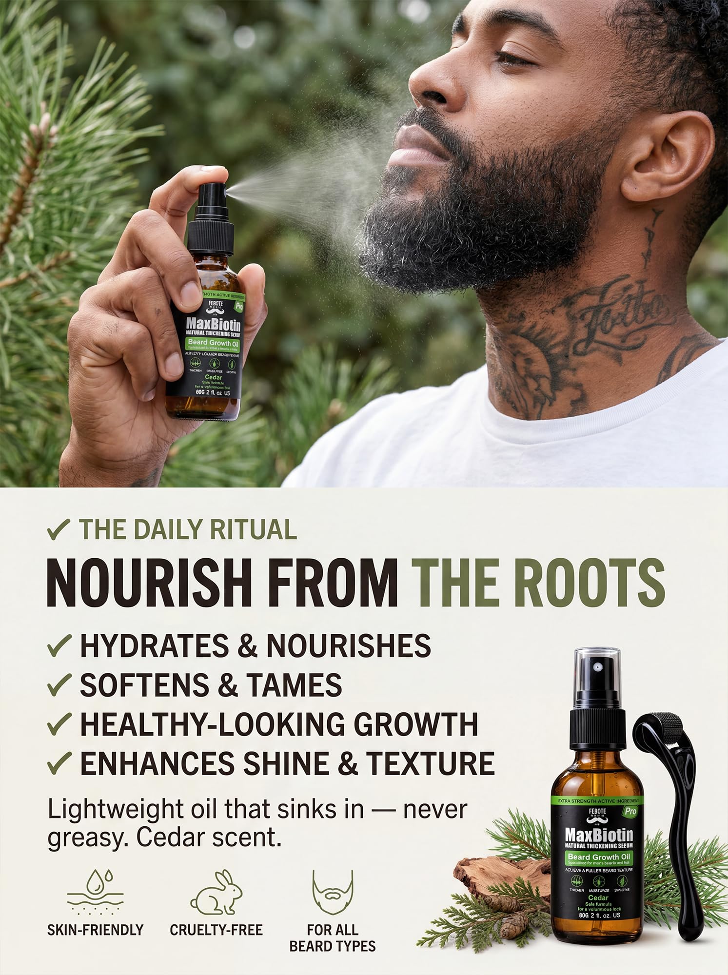 FEBOTE Patchy Beard Growth Kit for Men - Thickening Spray with Biotin & Castor Oil + Derma Roller - Cedar Beard Serum for Thicker Fuller Facial Hair - Natural Grooming Gift Set for Him