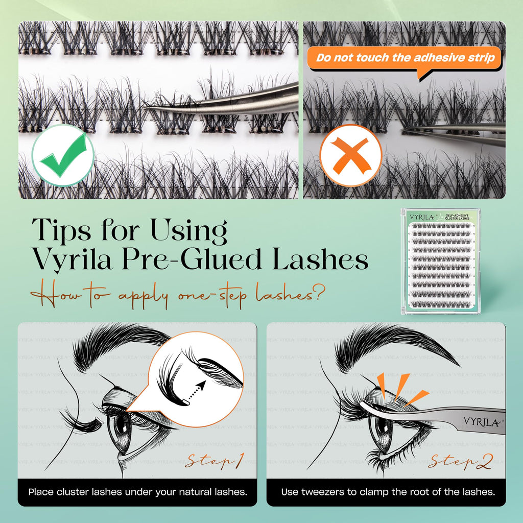 VYRILA Self-Adhesive Lash Cluster, 120pcs Pre-Glued Clusters, Pop-On Faux Eyelashes, 3D Band D Curl Natural Look Lahses, Easy to Apply, Reusable 0.05mm Eyelash Extensions (Green Hush-D-0.05-10-16mix)