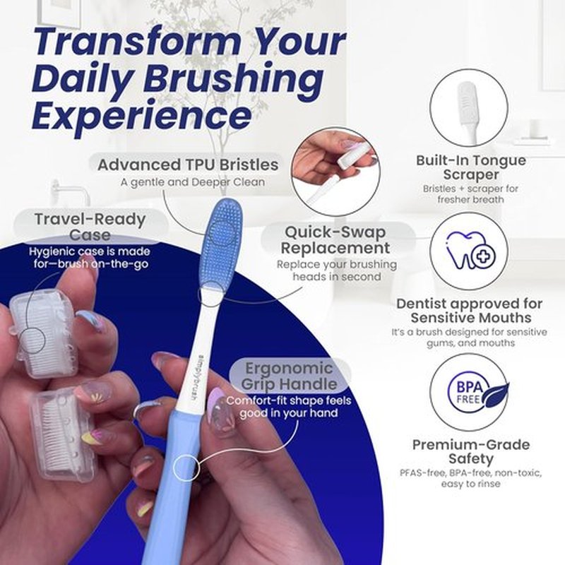 Skiennix Extra Soft Toothbrush for Sensitive Gums - Ultra-Soft TPU Bristles, BPA-Free, Reusable Handle with 2 Replaceable Heads & Travel Covers