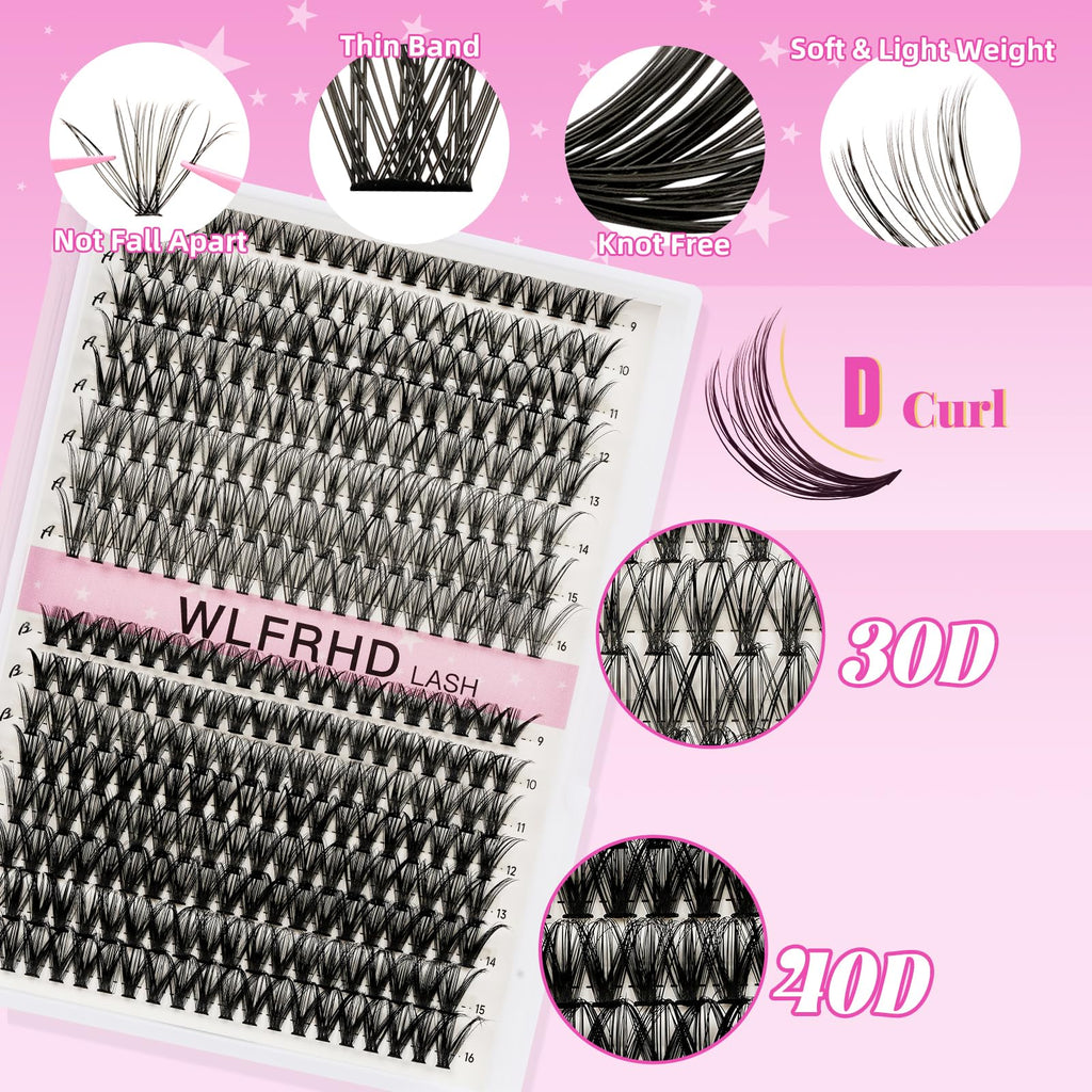 WLFRHD Lash Clusters Kit 320 Pcs D Curl DIY Natural Wispy Lashes Eyelashes Clusters Eyelash Extension Kit with Eyelash Bond and Seal, Remover & Tweezers (30D+40D, Mix9-16mm Kit)