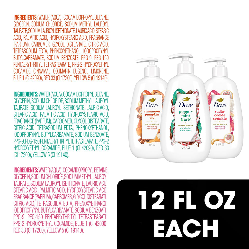 Dove Hand Soap, Holiday Treats Variety 3-Pack – Cinnamon Pumpkin Pie, Peppermint Bark & Sugar Cookie Sprinkle, Gifts for Women, 12 Fl Oz Ea