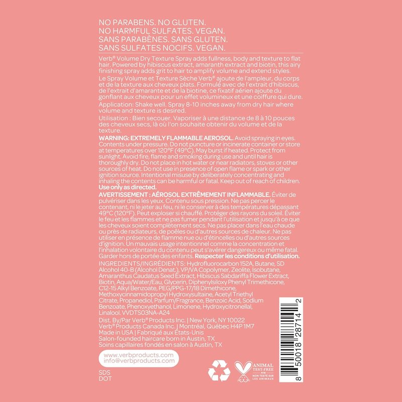 VERB Volume Dry Texture Spray - Boost Volume, Add Fullness & Weightless Grit - Sulfate & Paraben Free