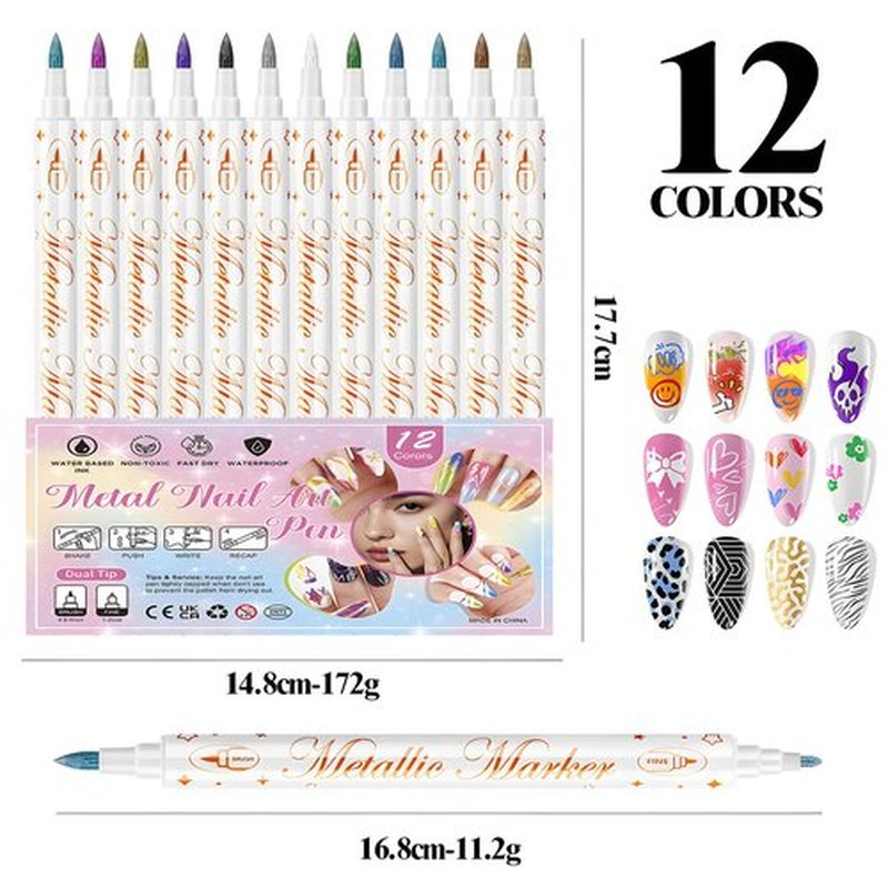 12 Colors Metallic Nail Art Pens Set, Double-Ended Nail Marker Pens for Nail Art Dotting Line Painting Designs, Water Based Quick Dry Paint Markers for DIY Manicure, Home & Salon Use