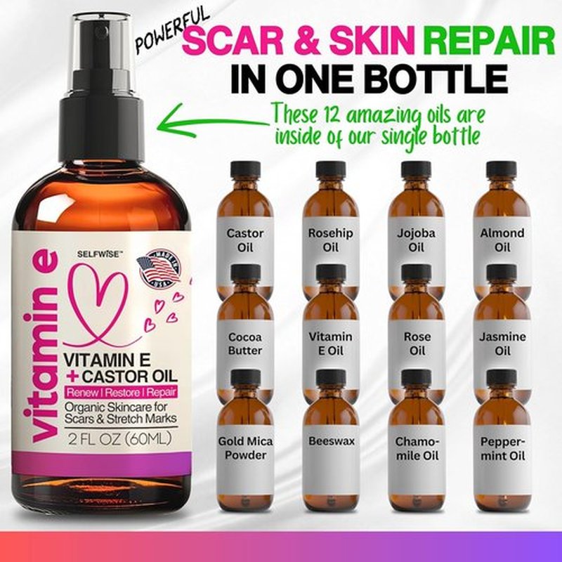 Skiennix Organic Vitamin E Oil - Scar & Stretch Mark Treatment with Castor, Rosehip, Jojoba - Hydrating Face & Body Oil