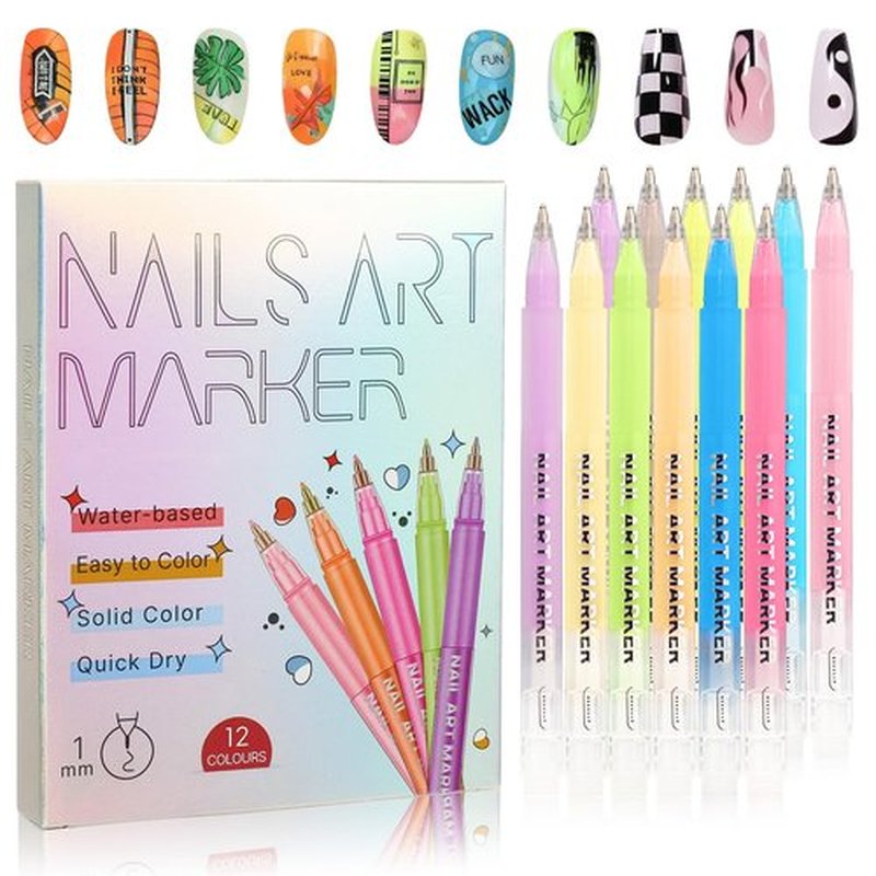 12 Color Nail Art Pens Set, 3D Quick-Dry 1 MM Nail Polish Pens, Nail Art Painted Pen Kit, DIY Nail Art Marker Graffiti Dotting Pen, for Nails Art Design Manicure Nail DIY Decoration (B)