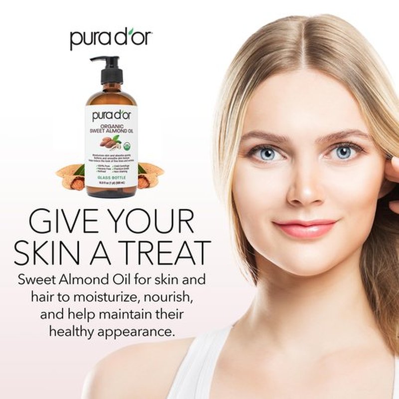 PURA D'OR 16.9 Oz ORGANIC Sweet Almond Oil (GLASS BOTTLE) 100% Pure & Natural USDA Certified Cold Pressed Carrier Oil For DIY Beauty - Non-Greasy, Unscented, Hexane Free Moisturizer - For Hair & Skin