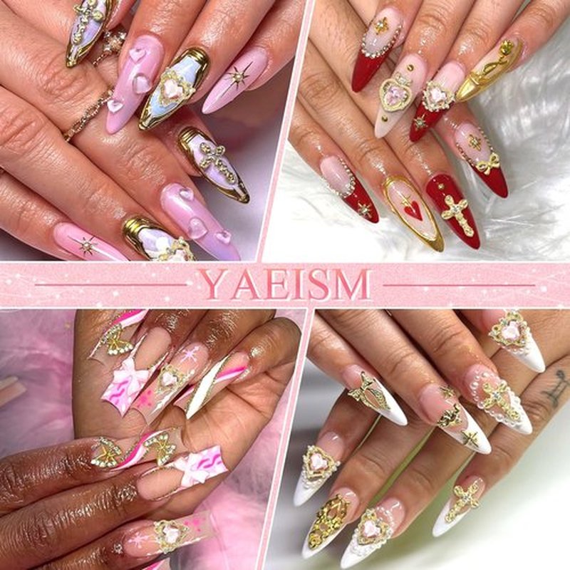 50PCS Gold Nail Charms Shiny Pink Heart Nail Charms Crystal Butterfly Charms Alloy Bowknot Charms 3D Cross Nail Charms for Nail Art and DIY Crafts Decoration