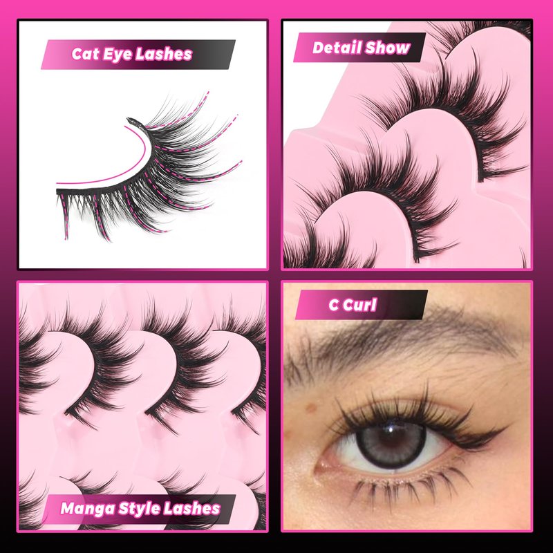 Veleasha Lashes Kit Manga Eyelashes Cat Eye Lashes Spiky Eyelash C Curl with Lash Glue & Tweezers Lash Wispy Natural Look False Eyelashes with Soft Cotton Band 7 Pairs Pack (Sunny Kit)