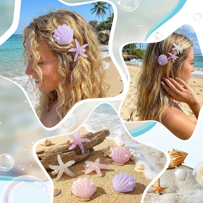 WILLBOND 12 Pieces Artificial Shell Pearl Starfish Seashell Hair Clip Set Acrylic Resin Women Lady Hair Clip Headdress Hairstyle Tool Accessories Beach Wedding Supplies (Romantic)