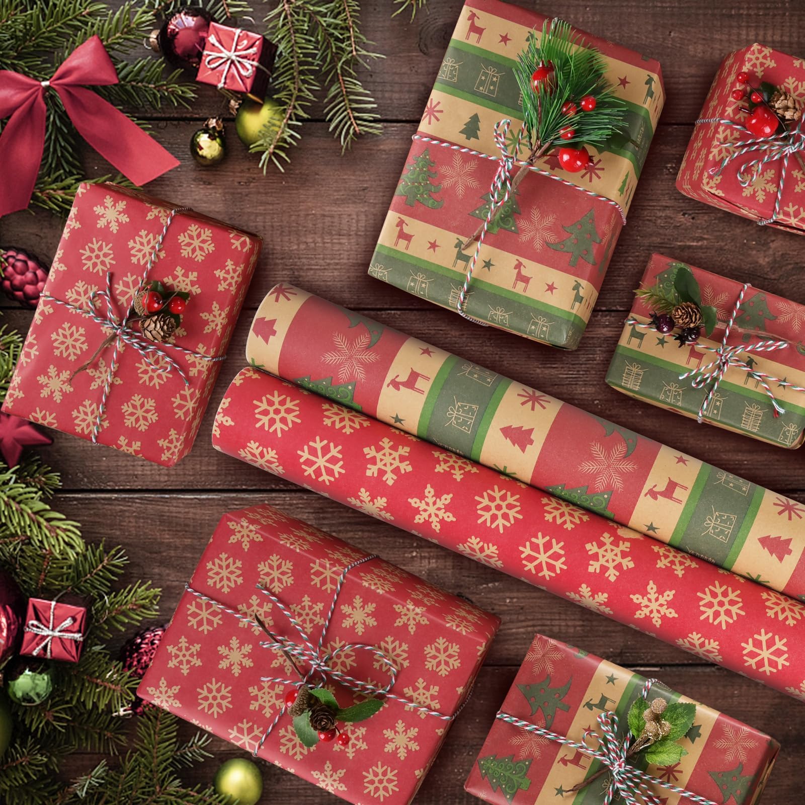 AhfuLife 2 Rolls Christmas Wrapping Paper - 17 Inch × 49.2 Ft Per Roll, Recyclable Red Kraft Xmas Wrapping Paper for Christmas Gift Box Decoration