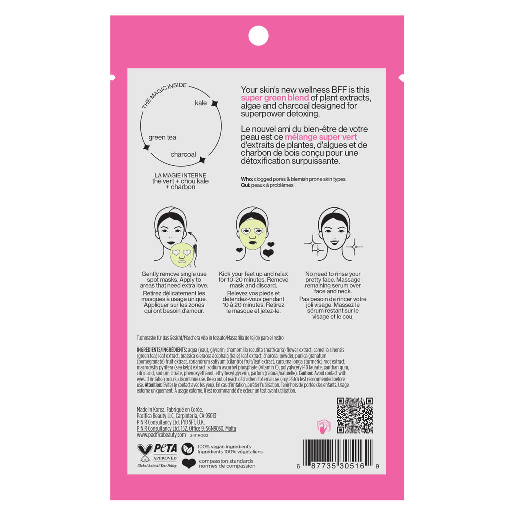 Pacifica Super Green Detox Sheet Mask – Charcoal, Kale & Clay Pore Cleansing Mask for Oily, Blemish-Prone Skin, Deep Detox Facial Mask, Vegan