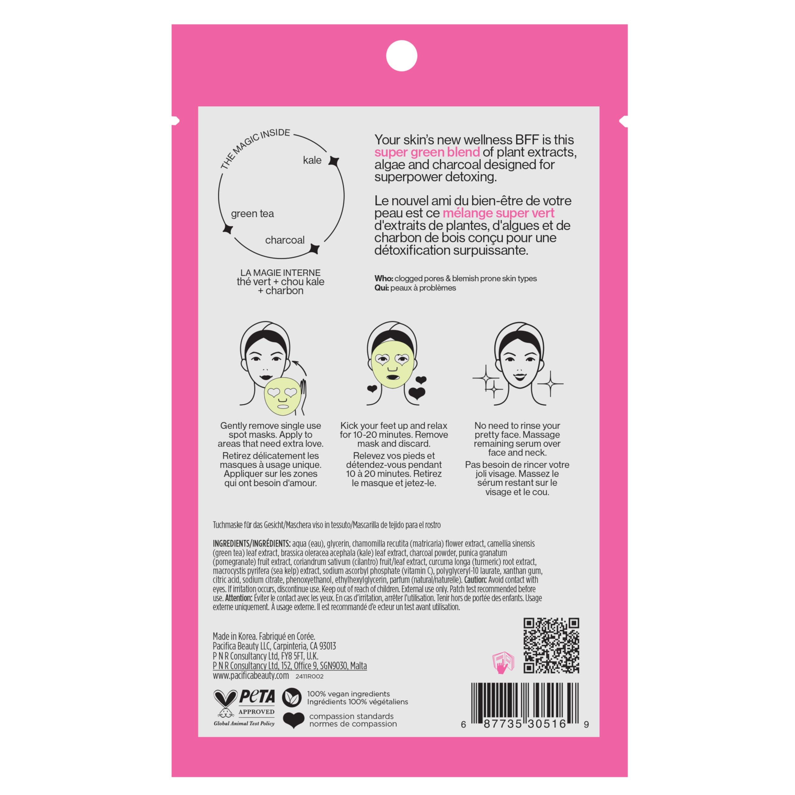 Pacifica Super Green Detox Sheet Mask – Charcoal, Kale & Clay Pore Cleansing Mask for Oily, Blemish-Prone Skin, Deep Detox Facial Mask, Vegan