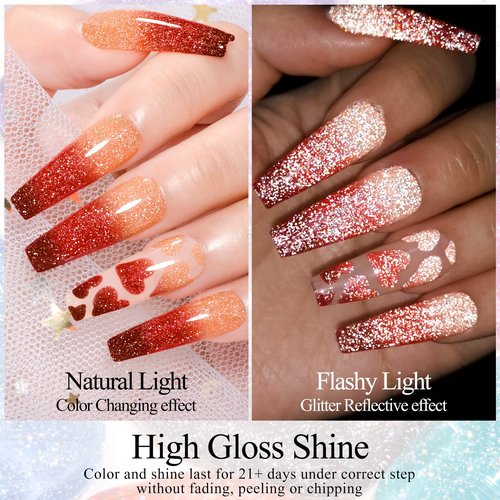MSRUIOO Color Changing Reflective Gel Nail Polish, Temperature Color Change Glitter Gel Polish, Diamond Glitter Silver Pink Purple