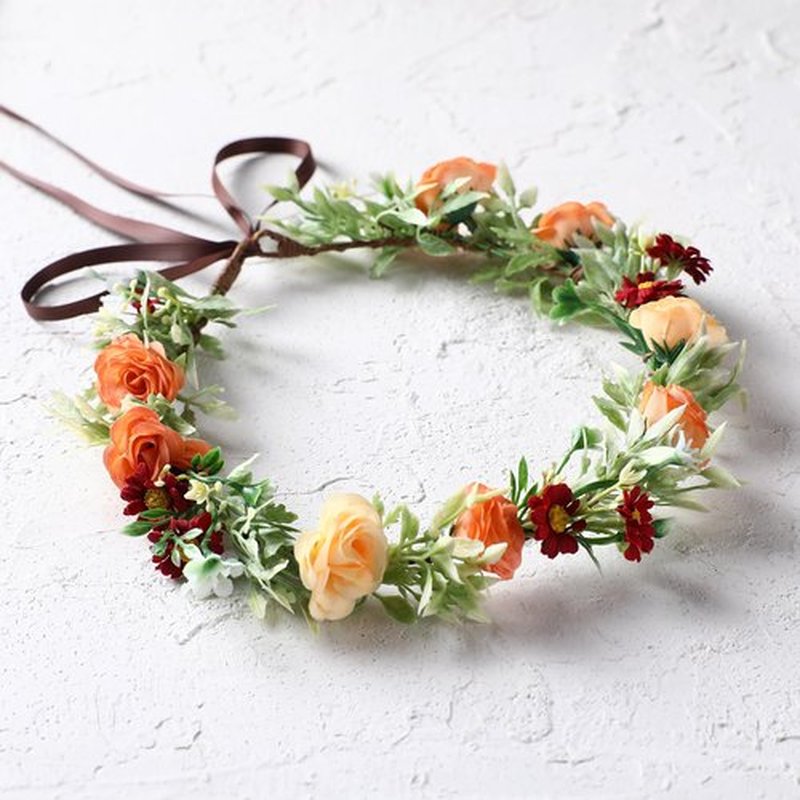 KorViSHOW Floral Crown Women Girls - Orange Boho Floral Headpiece with White Green Leaves Charming Fairy Flower Headband for Wedding Photo Shoot Festivals