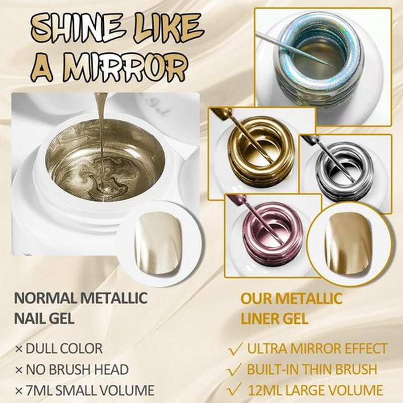 U-Shinein 4x12ml Metallic Mirror Painting Liner Gel Polish Set, Mirror Chrome Holographic Laser Effect Painted Nail Polish, Metal Drawing Striper Gel Build in Thin Brush Nail Art Manicure Set
