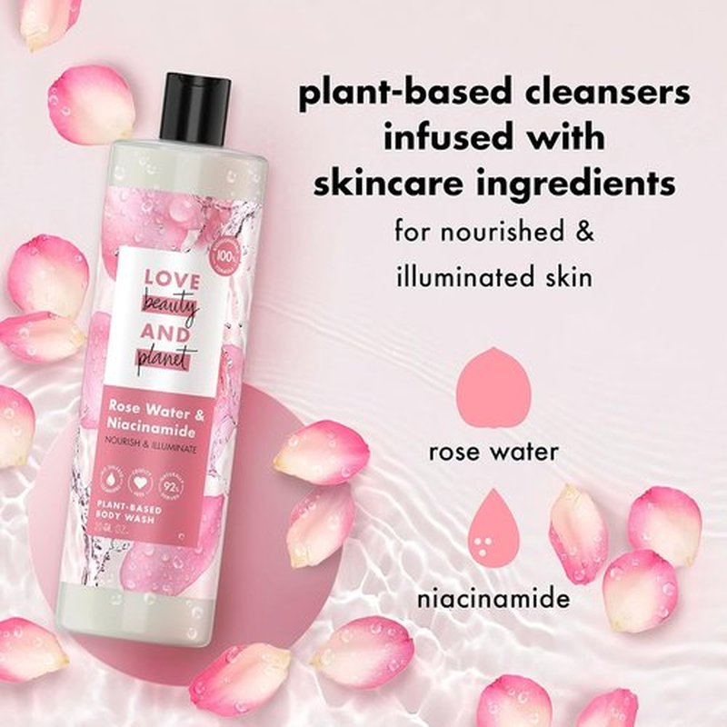 Love Beauty and Planet Body Wash - Nourishing Rose Water & Niacinamide, 20 fl oz | Plant-Based Cleansers