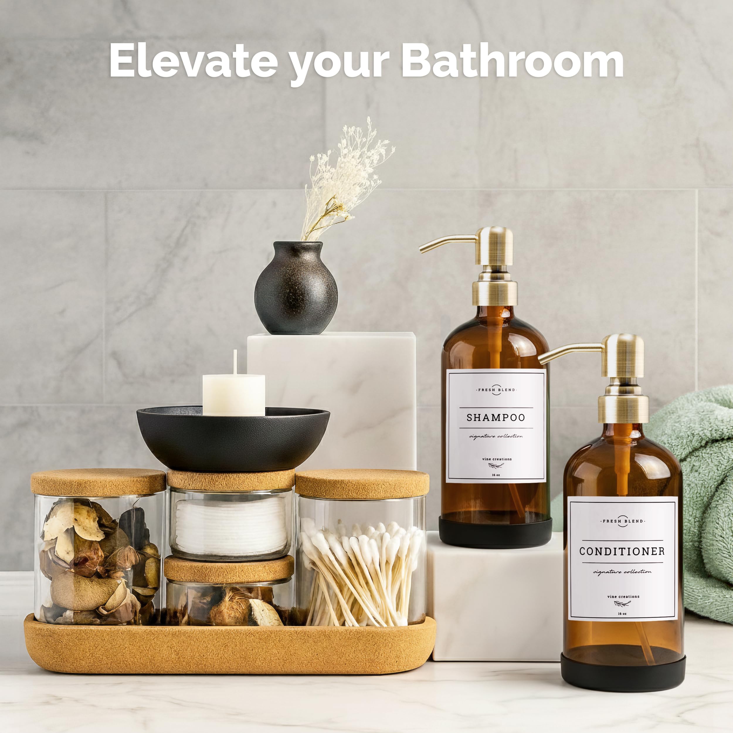 Vine Creations Amber Glass Soap Dispenser, 2 Pack Kitchen Soap Dispenser Set with Stainless Steel Pump, 16 oz Dish Soap and Hand Soap Dispensers for Bathroom with Waterproof Labels and Protective Pads