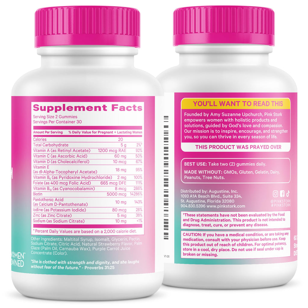 Pink Stork Postpartum Hair Loss Gummies | Biotin, Pantothenic Acid, Vitamin E, B6, B12 | Postnatal Hair Growth + Regrowth Support | Breastfeeding-Friendly | Postpartum Essentials | 60 Gummies