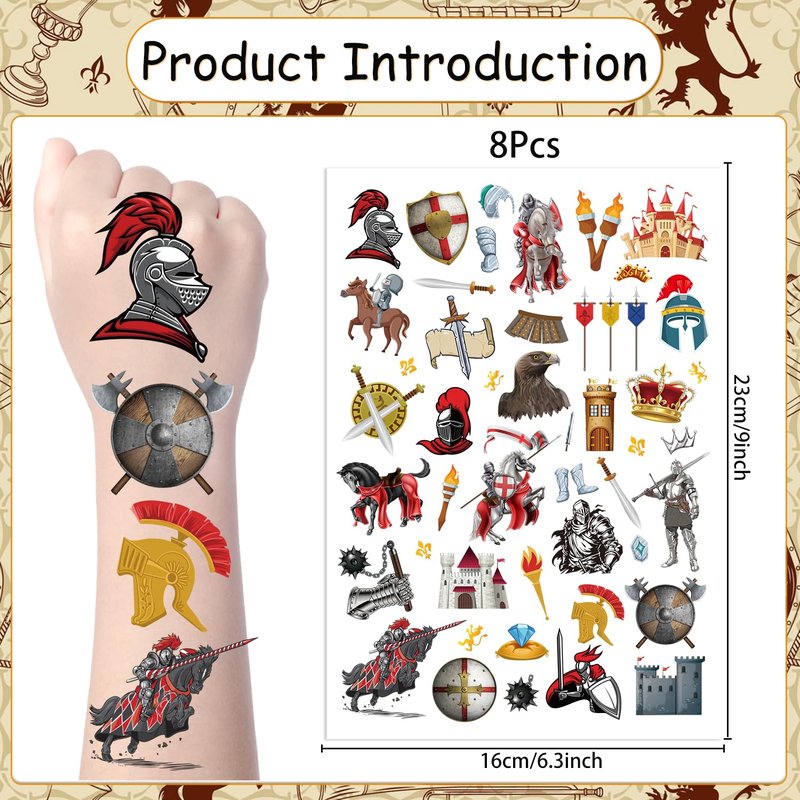Yoyuspy Medieval Knight Temporary Tattoos Stickers - 200+ Medieval Party Decorations Knights Soldier Tattoo Stickers for Castle Birthday Party Supplies