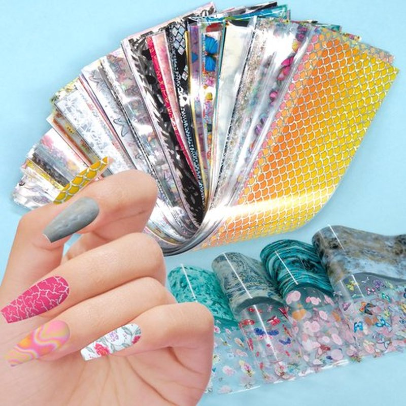 JERCLITY 300 Sheets Nail Foil Transfer Nail Art Stickers Set Marbling Flower Butterfly Aurora Gradient Patterns Nail Foil Transfer Sheets Foils Art for Women
