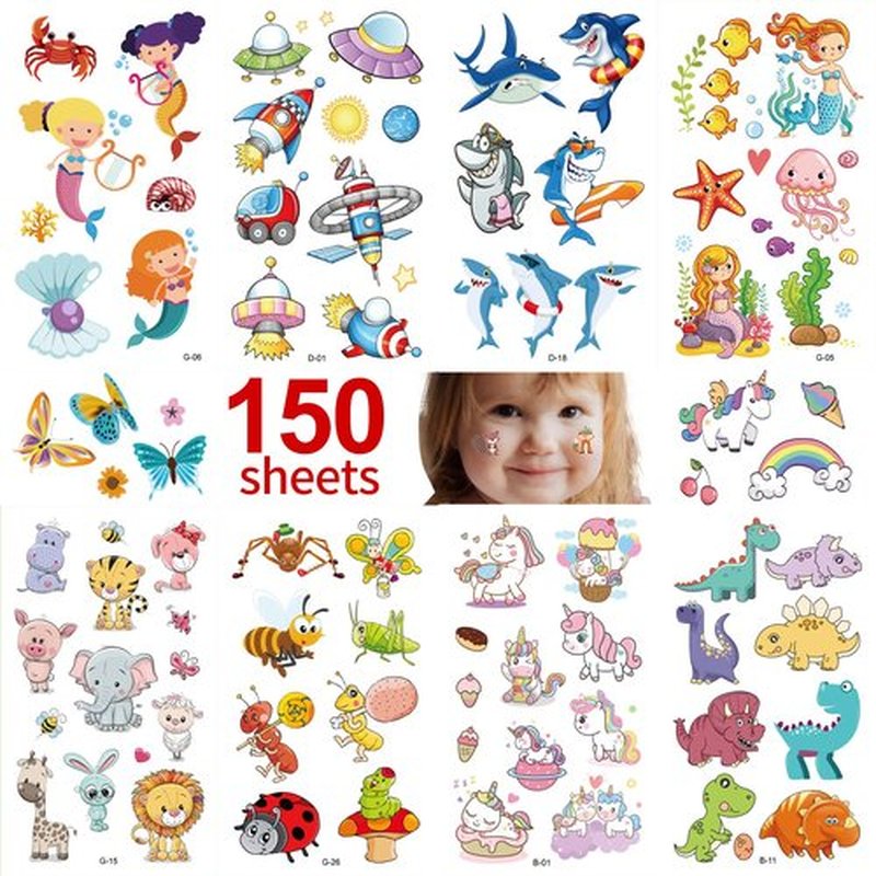 Temporary Tattoo Kids - 150 Sheets & 1700+ Patterns | Boosts Imagination/Creativity & Easy-Clean | Ideal for Party Favors, Arts & Crafts, Goodie Bags (Non-Toxic, Safe for Skin)-B