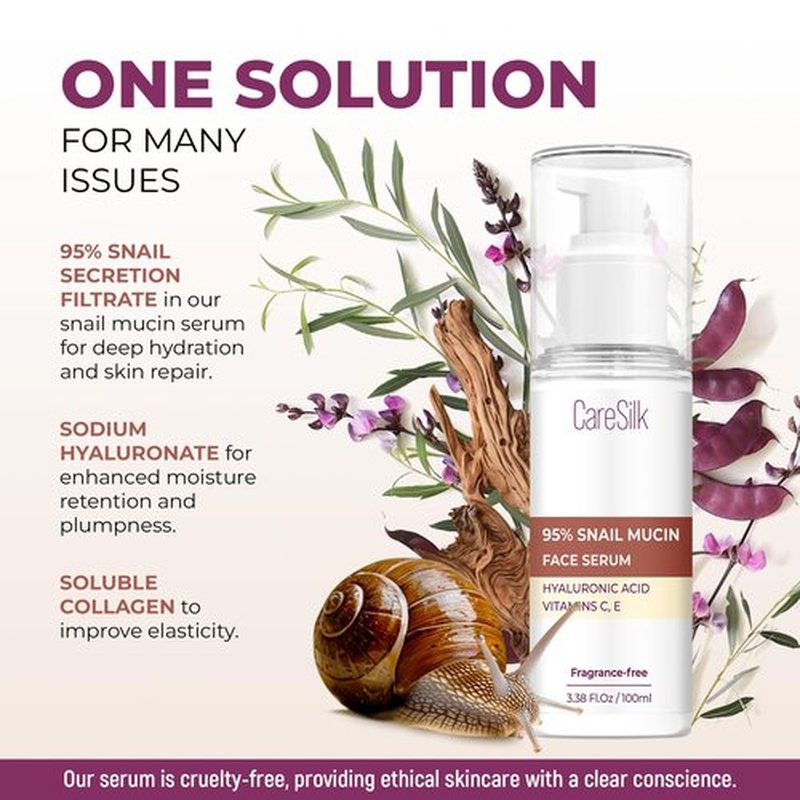 Caresilk Snail Mucin Serum - Face Hydrating Essence - Hyaluronic, Collagen, Royal Jelly - Advanced 95% Snail Peptide Moisturizer, Barrier Serum - 100 ml