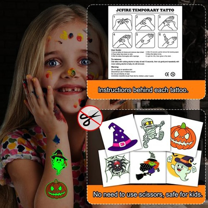 JCFIRE Halloween Tattoos for Kids, Halloween Party Favors, Glow in Dark Temporary Tattoos Birthday Party Decorations Supplies Goodie Bag Fillers Activities Games Accessories