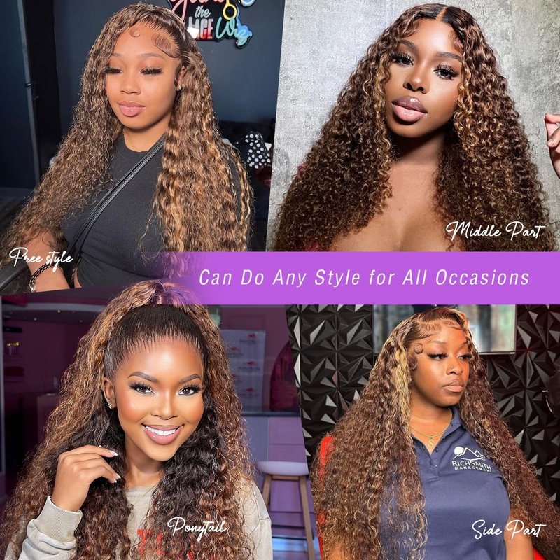 ZZMDS 26 Inch 13x6 4/27 Highlight Deep Wave Lace Front Wigs Human Hair 220 Density Ombre Colored HD Transparent Deep Curly Lace Frontal Wigs Pre Plucked with Baby Hair for Women