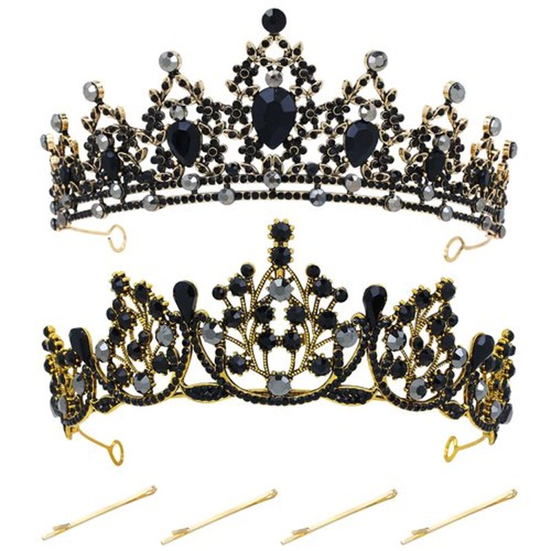 inSowni 2pcs Vintage Gothic Baroque Black Gold Crystal Rhinestone Crowns Tiaras Princess Queen Wedding Bridal Halloween Headbands Headpieces Hair Accessories with 4 Bobby Pins for Women Girls Brides