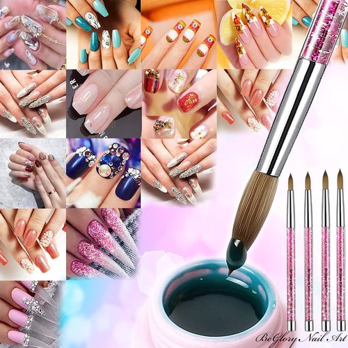 Acrylic Nail Brush Set, 4PCS Acrylic Nail Brushes Professional Nail Brush for Acrylic Application 3D Nail Carving DIY Acrylic Powder Brushes Liquid Glitter Nail Art Brush Size #8#10#12#14 (Pink)