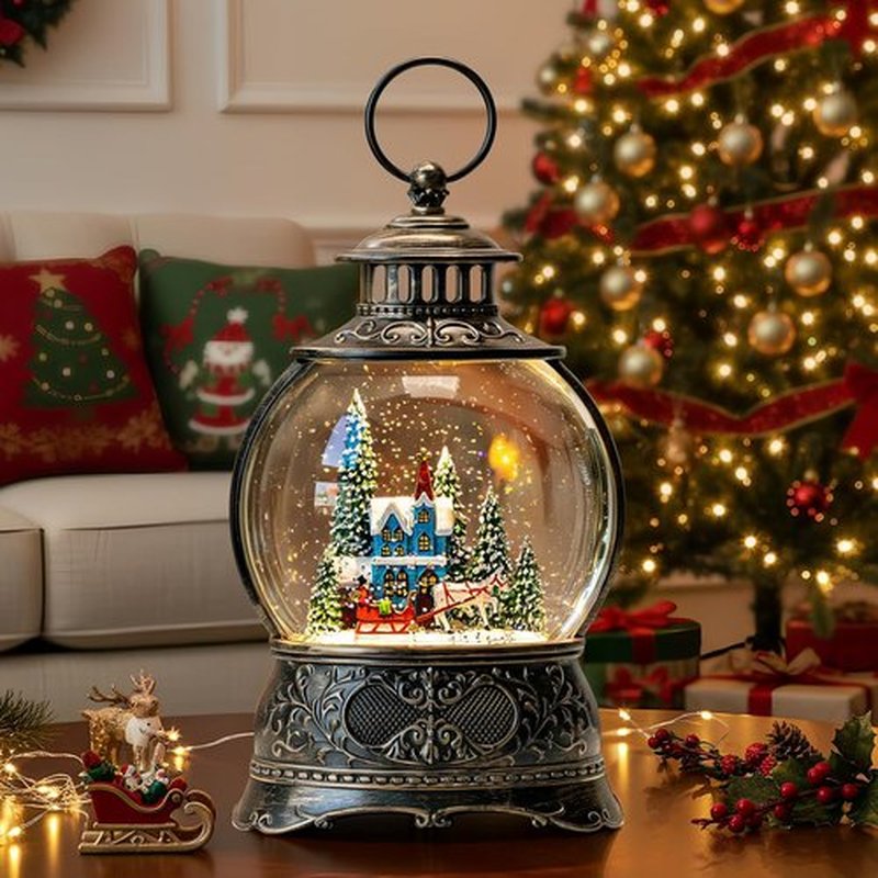 Regine Switzerland Christmas Snow Globe - Musical Water Lantern with Carriage & Timer | USB/Battery Operated
