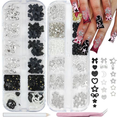 SEMATA 2Boxes 3D Nail Charms and Gems Black White Nail Pearls Rhinestones Flower Nails Charms Decoration for Nails Art Desgin Multi Sizes Sliver Flatback Pearls Bow Star Charm Set for Women