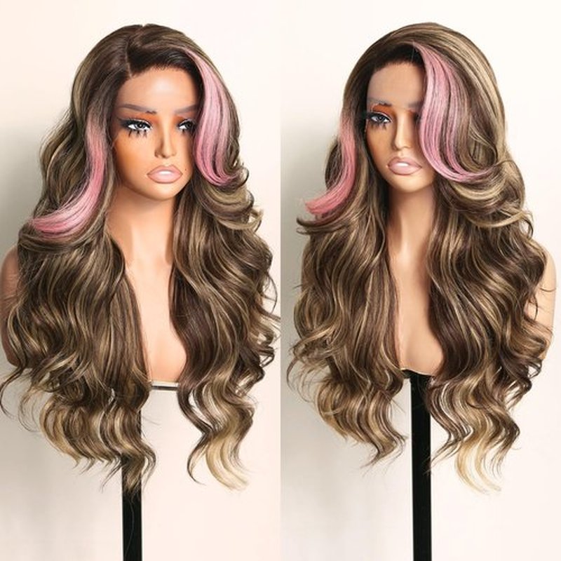 FABÉLLE Pink Highlight Wig Body Wave Wig Glueless Wig Lace Front Wigs for Black Women 24 Inch wear and go Synthetic Lace Front Wig